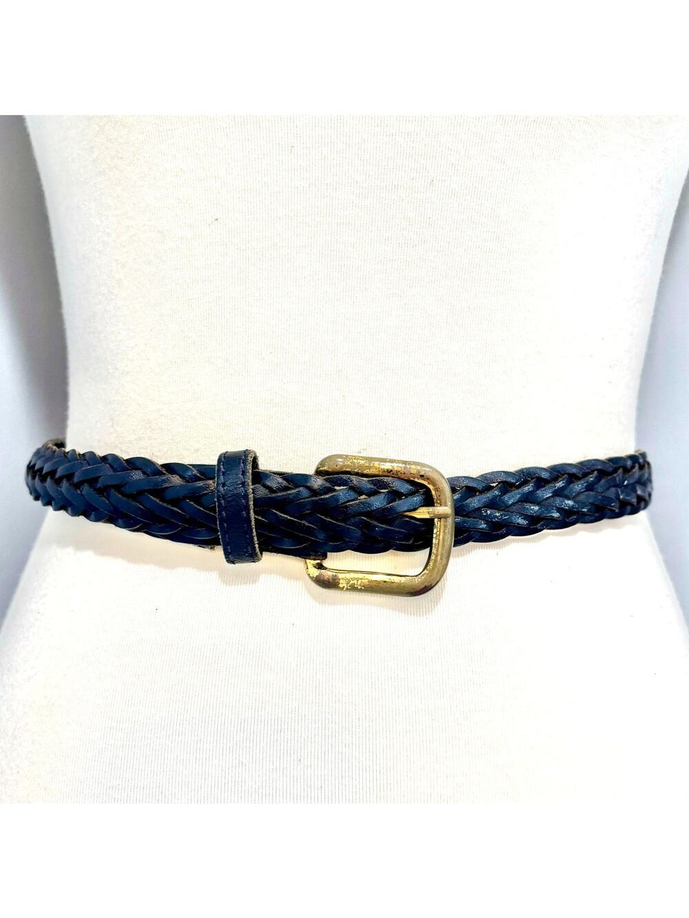 VTG Black Braided Leather Belt Woven Wheat Gold Brass Buckle, Size XL- XXL